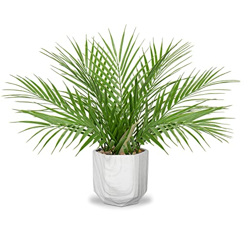Hollyone Large Artificial Potted Plants Fake Palm Plants 16" Faux Green Plant Plastic Tropical Palm Tree in Marble Ceramic Pots Bohemian for Home Room Office House Indoor Decoration - color: 16" Palm Potted-9