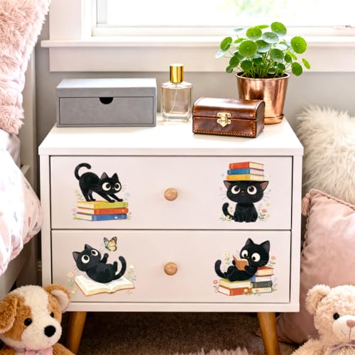 Peacoblue 18 Sheets Rub on Transfers for Crafts, Cat with Books and Flowers 3.6"x3.9" UV DTF Cup Wraps Waterproof Cold Transfers Stickers for Wood Glass Metal Cup Tumblers Mirrors Mugs Home Decor - style: Cat with Books and Flowers