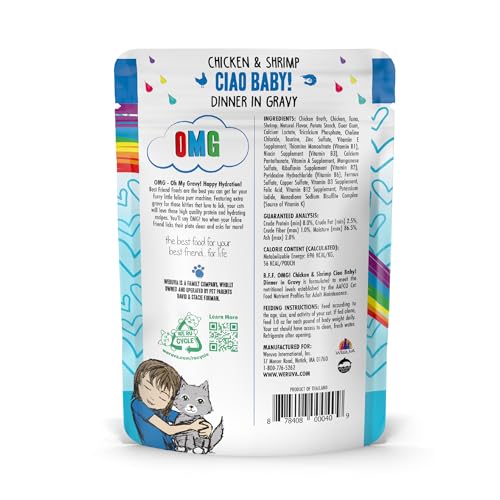 Weruva B.F.F. OMG - Best Feline Friend Oh My Gravy!, Ciao Baby! with Chicken & Shrimp in Gravy Cat Food, 2.8oz Pouch (Pack of 12) - size: 2.8 Ounce (Pack of 12)