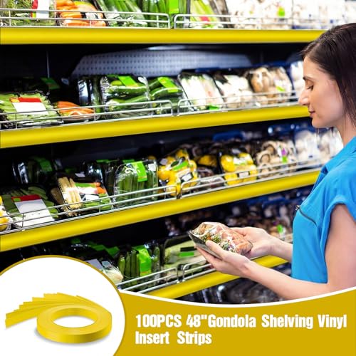 Frienda 100 Pcs Decorative Gondola Shelving Vinyl Insert Strips Pre Cut 48" x 1.25" C Channel Decorative Shelf Insert Strips for Retail Store Supermarkets Grocery Gondola Decoration (Yellow) - color: Yellow
