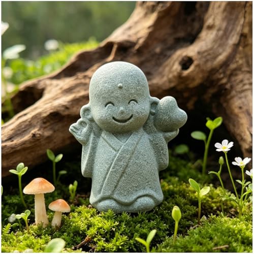 Praying Monk Statue Japanese Buddha Bosatsu Happy/Smiling Sandstone Ornament for Fish Tank Aquarium Bonsai Figures Feng Shui Decoration (A)