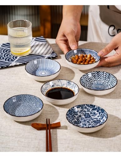 6 Pack 3 oz Cute Japanese Soy Sauce Dish Small Dipping Sauce Bowls Ceramic Sushi Dipping Bowls for Sushi,Side Dish,Ketchup,Dips,Condiment,Snack,BBQ Party - color: cyan blue