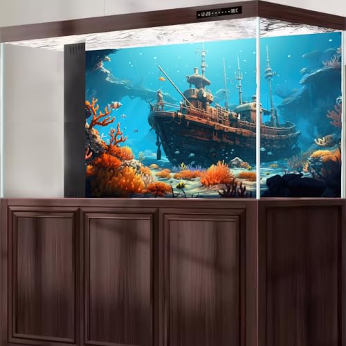 Underwater Scene Aquarium Background Vibrant Coral Reef Marine Life Sunken Pirate Ship Fish Tank Background Stunning Ocean Bed Underwater Rock Submerged Structure Seascape Reptile Backgrounds 24x12in - color: Light Blue_Orange, size: 24(W)x12(H)in