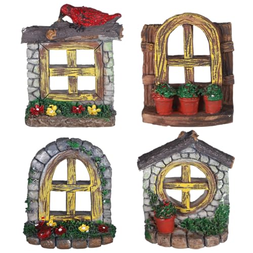 Veemoon 4 Pcs Fairy Garden Accessories Windows and Door Set, Synthetic Resin 2.36x1.97x0.79 Inch Aquarium Decor, Fish Tank Micro Landscape Flower Pot Home Office