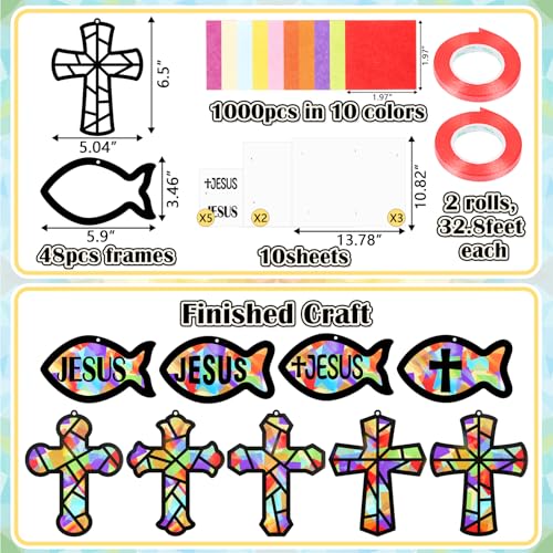 48PCS Sunday School VBS Crafts Bulk: Paper Cross Fish Nativity Suncatchers, Jesus Religious Christian Activity DIY Kits Church Decorations, Window Stained Glass Effect Art Supplies - style: jesus fish and cross