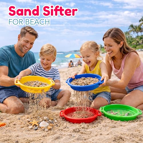 4E's Novelty Large Sand Sifter for Sandbox Beach 4 Pack - Sand Sifter for Shark Teeth, Rock, Plastic - Beach Toys, Sand Toys for Sandbox Kids & Toddlers