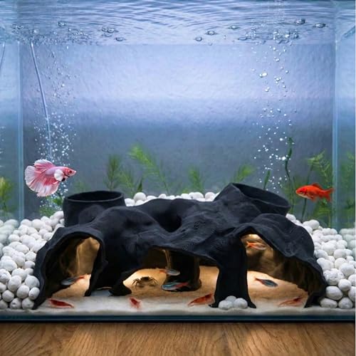 Large Aquarium Tunnel & Cave (9.5" L), 3D Printed Substrate Viewer Fish Hideout with Wide Top Entrances, Tank Decor for Small Fish, Corydoras, Betta & Shrimp - Set with 3 Mini Accessories(Black) - color: Obsidian Stone