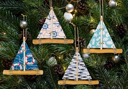 SAILINGSTORY Driftwood Sailboat Ornaments for Christmas Tree Sail Boat Decor Nautical Beach Christmas Ornaments Set of 4 Pack