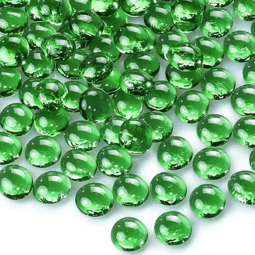 CYS EXCEL Green Glass Gemstone Beads Vase Fillers (2 LBS) Flat Marble Beads Multiple Color Choices Aquarium Decor Rocks Floral Stones Decorative Mosaic Glass Gem Pebbles - color: Green, size: 2 lb