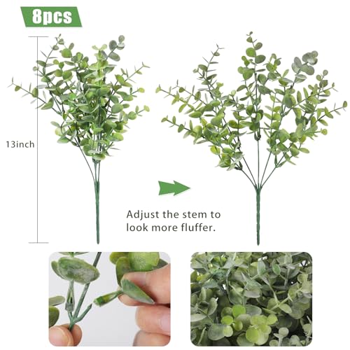 RECUTMS 8 Bundles Artificial Greenery Plants Stems Outdoor Fake Eucalyptus Plants Boxwood Bushes for Summer Spring Farmhouse Office Vase Centerpiece Indoor Graduation Wedding Decoration(Dusty Green)
