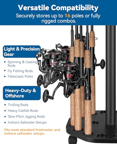 KEXMO Mobile Fishing Rod Holder Pole Rack for Garage, 360 Degree Lockable Wheels, Rigging Station, Heavy-Duty Steel Space-Saving Floor Stand, Holds 16 Combos, Fishing Gear Storage, Black - color: Black
