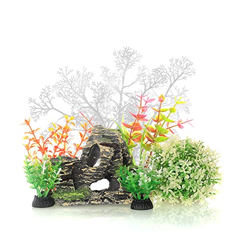 JIH Aquarium Fish Tank White Plastic Plants and Cave Rock Decorations Decor Set 7 Pieces, Small and Large Artificial Fish Tank Plants with Cave Rock (CU89White-7) - color: Cu89white-7