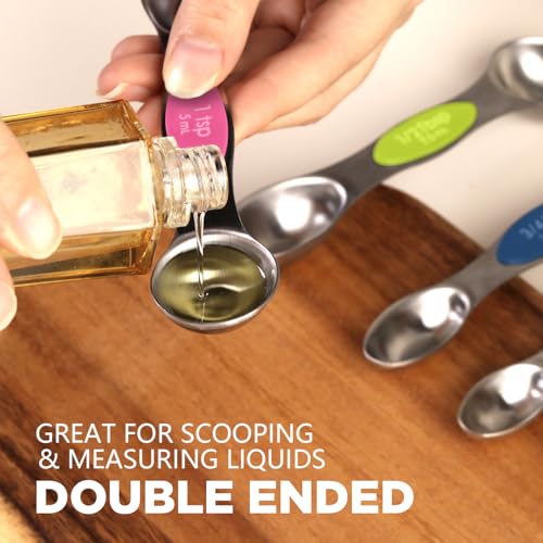ChefAide Pack of 8 Stainless Steel Magnetic Measuring Spoons Set, Dual Sided, Stackable, Adjustable Teaspoon and Tablespoon Measure Spoon with Leveler, Kitchen Gadgets - color: Multicolor-2, size: Magnetic Measuring Spoons