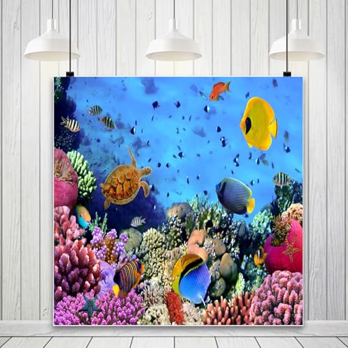 AOFOTO 8x8ft Underwater Ocean Coral Reef Backdrop Under The Sea Tropical Fish Sea Turtle Marine Life Photography Background Seabed World Nature Scene Aquarium Decor Kids Portrait Photo Shoot Props - size: 8x8ft