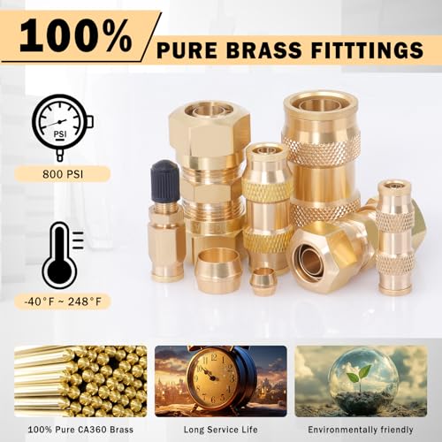 CheeMuii 74 PCS Brass DOT Air Line Fittings Kit DOT Push Lock and Compression Air Fittings Pure Brass Quick Connect Straight Union 1/8" 5/32" 1/4" 3/8" 1/2" 5/8" 3/4" Air Hose Fittings Assortment - color: Gold, size: 74 PCS