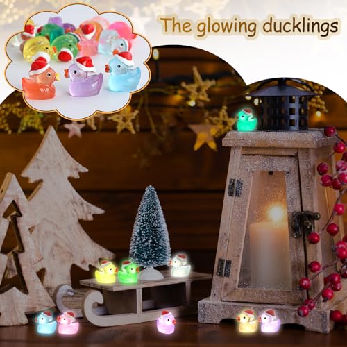 ROMROC 160Pcs Luminous Mini Christmas Resin Duck Miniature Glow in The Dark Ducks Christmas Decor Aquarium Ornament Dollhouse Decoration DIY Slime Kit Birthday Party Hide and Seek Prank(16 Colors)