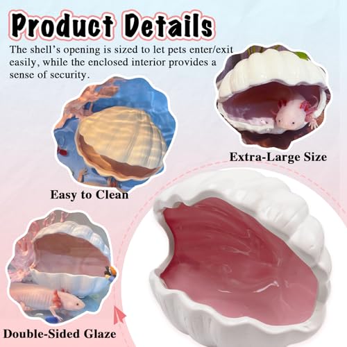 Axolotl Hide Shell Shape Ceramic Fish Tank Cave, Double Sided Glaze, Fish Tank Decor Shelter for Small Pet Frog Fish Betta (Extra Large, Pink)