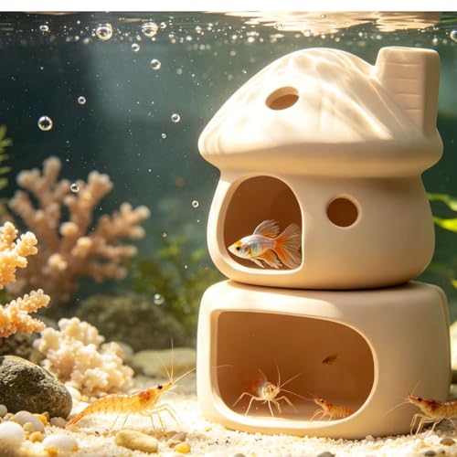 Ceramic Mushroom House Aquarium Decor Set – Natural No Paint Fish Tank Cave Hideout for Betta, Shrimp, Pleco & Goldfish, Safe Spawning Cave Ornament - Beige - color: Beige Set