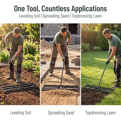 Lawn Leveling Rake - 30x10 Leveling Rake for Soil, Heavy Duty Yard Leveling Rake with 6.5FT Extra Long Handle, 2mm Thickened Stainless Steel Lawn Leveler, Landscape Tool for Dirt and Sand, with Gloves