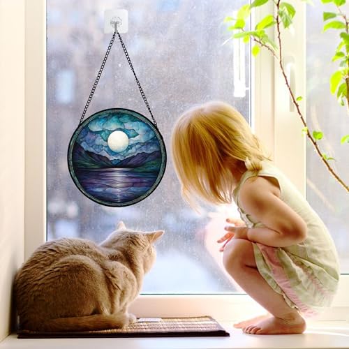 DASTOLL Stained Glass Window Hanging, Blue Night Moon Lake Sun Catchers Colorful Glass Panel Landscape Suncatcher Decor for Birthday for Women, Men, Wife, Aunt, and Mom 6.3 in - color: Blue and White, size: 6.3x6.3 IN