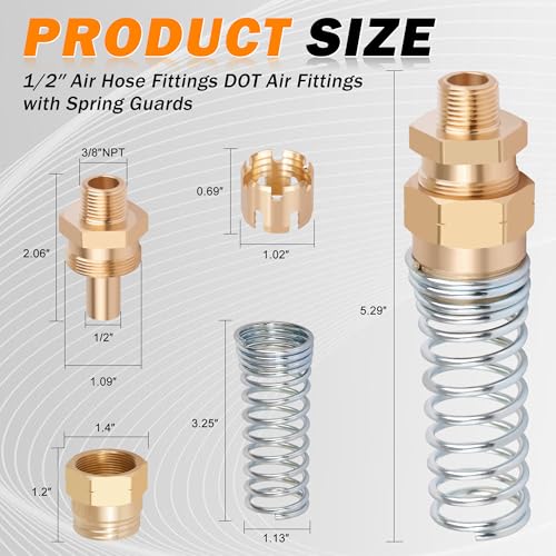 4 Pack 1/2 Hose x 3/8” Male Connector Air Brake Hose Fitting with 8 Pack Fitting Sleeve Tube, Brass DOT End Fitting for Air Brake Systems - size: 1/2" Hose x 3/8" Male, style: 4pcs Connector with Spring Guard