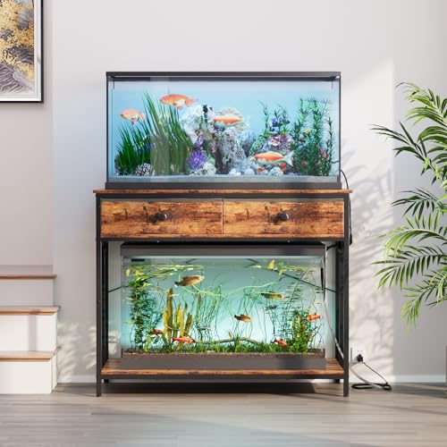 VOWNER 40 Gallon Aquarium Stand with Power Outlet, Metal Frame Fish Tank Stand with Cabinet Storage, Double Turtle Reptile Terrariums Tank Stand, 39.4" L*18.9" W Tabletop, 660LBS Capacity, Brown - color: Rustic Brown + Black