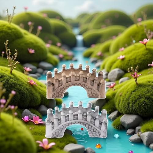 2 Pack Gray and Brown Miniature Stone Arch Bridges, Fairy Garden Ornaments for Dollhouse, Aquarium and DIY Micro Landscape Decor, Garden Bridges