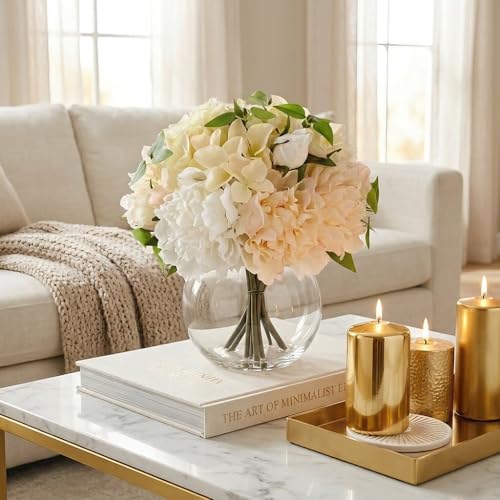 Artificial Flower in Vase, Faux Silk Flowers Arrangement Peony Hydrangea Poppy Eucalyptus Bouquet with Faux Water, Fake Floral Centerpiece for Dining Table Home Decor Wedding Office Shelf - White - color: White
