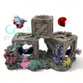 Fish Tank Decorations Hideout for Betta, Shrimp & Guppies – Two-Level Wooden Crate with Realistic Coral, Sponge & Seaweed, Stable Rock Base, Aquarium-Safe Resin - 8.5x4.3x4.9 Inch