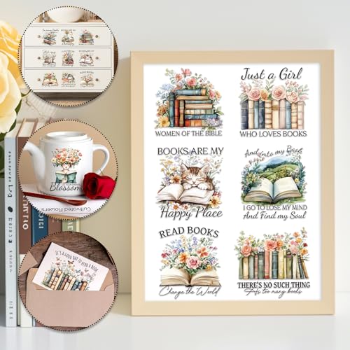 Rngmsi Vintage UV DTF Cup Wrap - 20 Sheets Reading Books UVDTF Decals for 16 oz Glass Cups, Flower Waterproof Bookish Rub on Transfer Stickers for Water Botters, DIY Crafts Book Lover Gift - style: Reading Books
