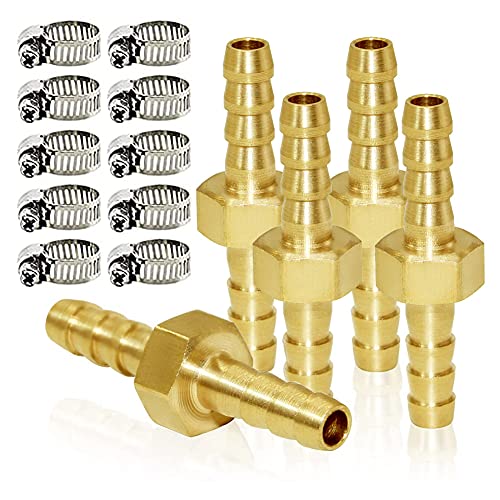 Joywayus 1/4" 6mm ID Hose Barb Hex Union Fitting Intersection/Split Brass Water/Fuel/Air with 10 Stainless Steel Clamps(Pack of 5) - size: 0.25 Inch, style: 5PCS