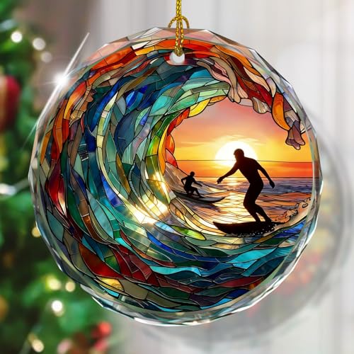 Surfing Stained Glass Ornament, Christmas Tree Decor, Surfing Ornaments for Christmas Tree, Holiday Presents, Gift Exchange - color: Surfing