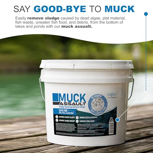 Muck Assault Sludge Remover Pellets - Natural Muck Digester with Beneficial Bacteria Enzymes to Clear Murky Water and Remove Pond Odor - Safe for Aquatic Life & Recreation (25 lbs.)