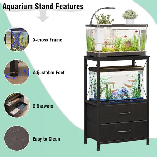 Aquarium Stand 10 Gallon with 2-Tier Shelf, Fish Tanks Stand with 2 Drawers, Metal Frame Heavy Duty Reptile/Turtle Tank Stand for Home Office, Fish Tanks Accessories Storage, Black - color: Black