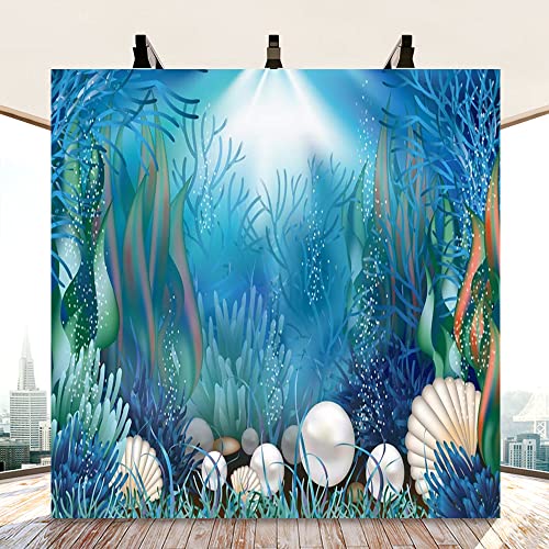 AOFOTO 8x8ft Fairytale Undersea Pearl Shell Backdrop Deep Sea Plants Coral Pearl Mussels Underwater Mermaid's Shelter Background for Photography Happy Birthday Party Banner Baby Shower Photo Booth - size: 8x8ft