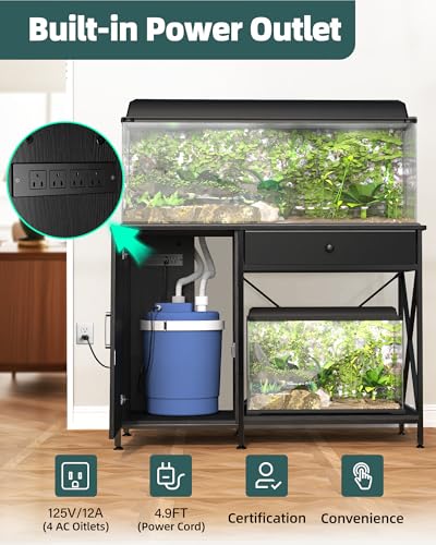 Fish Tank Stand for 40-50 Gallon Fish Tank: Aquarium Stand with Power Outlet - Metal 40 Gallon Tank Stand with Cabinet Drawer Storage for Turtle Tank, Reptile Terrarium (Black, 800LBS Capacity) - color: Blcak, size: 40-50 Gallon