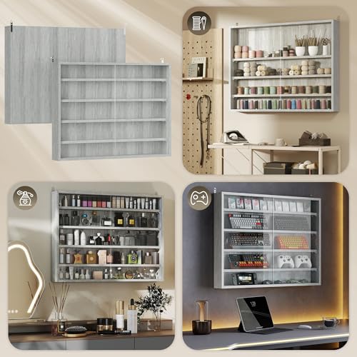 HOMCOM 5-Tier Display Cabinet, Glass Door Cabinet with Adjustable Shelves, Wall-Mounted Display Case for Playroom, Bedroom, Gray - color: Grey
