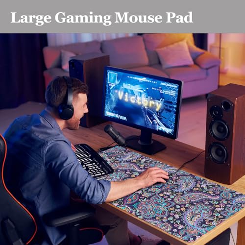 Mouse Pad Paisley Floral, Desk Mat for Desktop, Boho Flowers Desk Pad Extended XXL Large Gaming Mouse pad Anti-Slip with Stitched Edges Waterproof Computer Laptop Keyboard Desk Mat for Women Girls - color: Paisley Floral, size: 31.5" x 15.7"