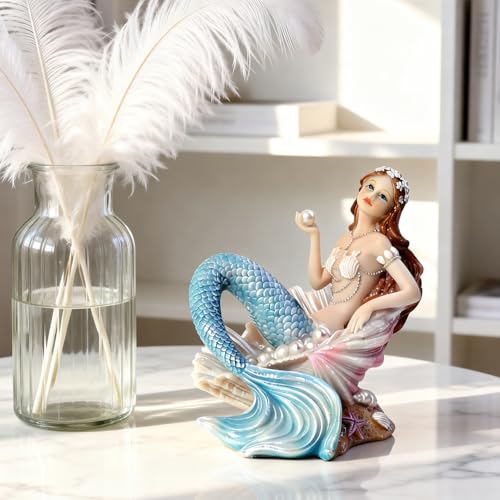 Rayberro 4.72" Mermaid Figurine Resin Mermaid Sculpture Mediterranean Princess Statue Home Office Desktop Ornaments Bookshelf Decor Mermaid Collectible Crafts Fish Tank Aquarium Decoration - color: Blue Pearl