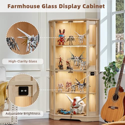 LELELINKY Farmhouse Glass Display Cabinet Set of 3 with Doors, Corner Curio Cabinet for Collectibles, Wooden Display Cabinets for Home, Office, Living Room, Corner, Natural - color: Natural, size: Set C
