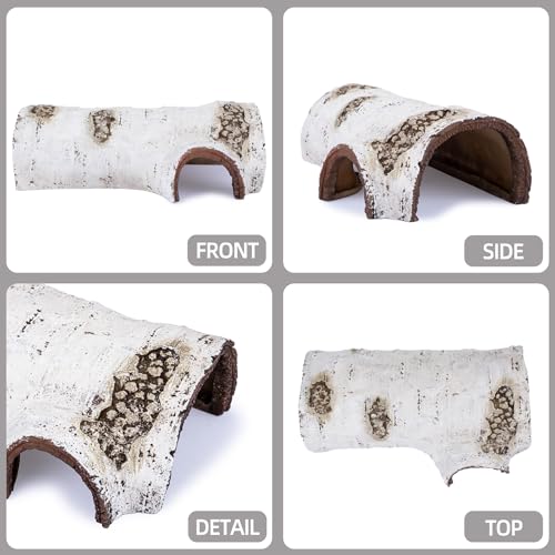 Natural Reptile Hide Basking Platform, Hideout Decor for Aquarium, Fish Tank, Bearded Dragon, Gecko, Shrimp, Betta (Glow-in-the-Dark Birch Tree Hiding Cave, Small)