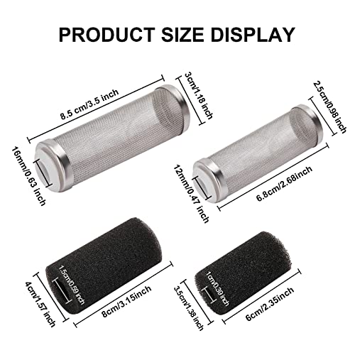 2 Pcs 12mm/16mm Stainless Steel Aquarium Filter Intake Guard Mesh Cover,Fish Tank Filter Guard with 2PCS Filter Sponge for Breeding Fish Shrimp Tank