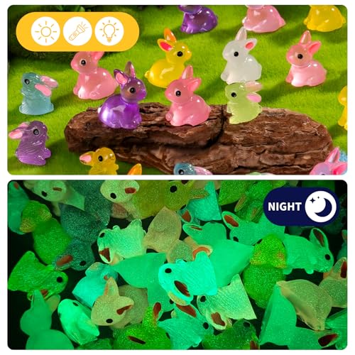 60 pcs Easter Mini Bunnies Luminous Small Rabbit Figures Miniature Little Small Animal Figurines Bulk for Micro Fairy Garden Landscape Accessories Hide Crafts Decor Aquarium - color: Rabbit-60p