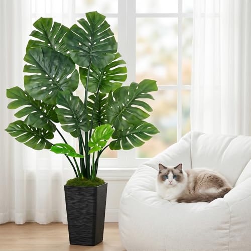 UPBUD Artificial Monstera Deliciosa Plant, 5FT Fake Monstera Tree with 12 Lifelike Leaves & Black Pot, 60in Tall Faux Floor Trees Fake Plants for Indoor Office Porch Living Room Windowsill Decor - color: Green Leaves Black Planter