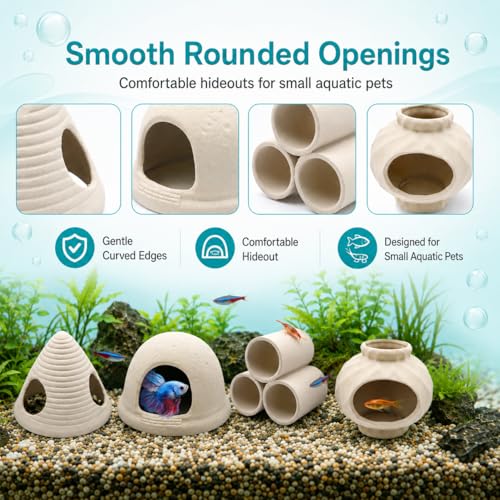 4PCS Betta Fish Tank Accessories, Fish Aquarium Decoration Hideout Caves for Fish Shrimp Crab to Breed, Rest and Play, No Paint, Natural Ceramics Triple Tunnel, Triangle Jar, Lantern & Cave House