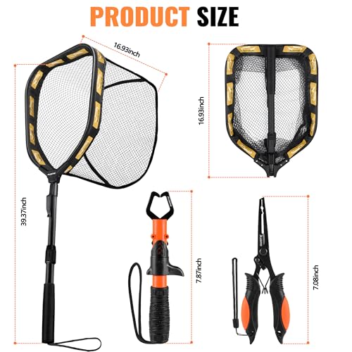 PLUSINNO Floating Fishing Net for Steelhead, Salmon, Fly, Kayak, Catfish, Bass, Trout Fishing, Rubber Coated Foldable Landing Net with Fixed or Telescoping Pole Handle, Fishing Gear and Gifts for Men - color: 11.8"/30cm Hoop Size 1.0M Orange (Telescopic)