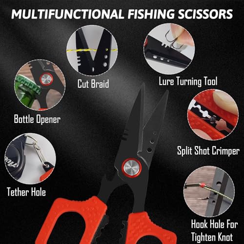 Eupheng Multi Function Fishing Pliers & Scissors Set 4.7" Titanium Coated,Saltwater Resistant Hook Remover with Safety Lock Split Ring Pliers & Fishing Shears for Braided Mono Fluorocarbon - style: pliers + red scissors