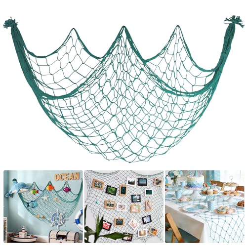 Decorative Fishing Net for Party - 80x40 in Aqua Fish Net Decor Mermaid Net Under The Sea Hawaiian Pirate Party Decorations, 3mm Natural Cotton Nautical Netting Wall Table Ocean Beach Decor - color: Aqua, size: Large - 1 Pack