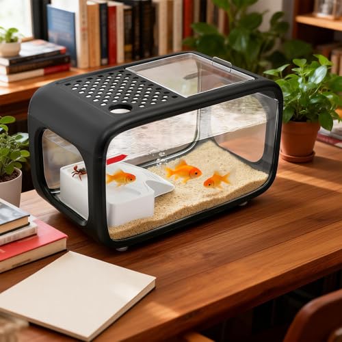 3.2 Gallon Plastic Fish Tank, Small Aquarium for Betta Fish Shrimp & Aquatic Plants, Shatterproof Mini Habitat with Clear Clarity, Desktop Decor for Home Office Plants Succulents (Black) - color: Black