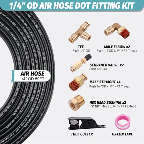 50FT 1/4 Air Hose Brass Fittings Kit 11pcs 1/4" OD Quick Push to Connect DOT Brass Fittings 1/4 SAE J844 PA12 Nylon Air Line Tubing with Cutter for Air Suspension Kit Truck Trailer Brake System - size: 1/4“OD 50FT KIT